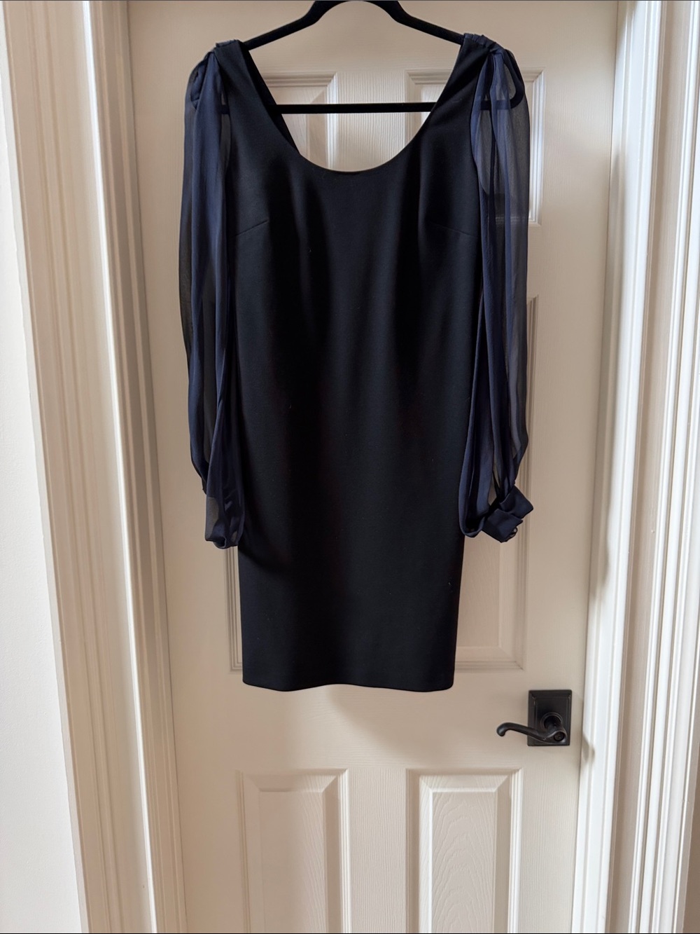 Elie Tahari Black Dress with Sheer Navy Long Sleeves